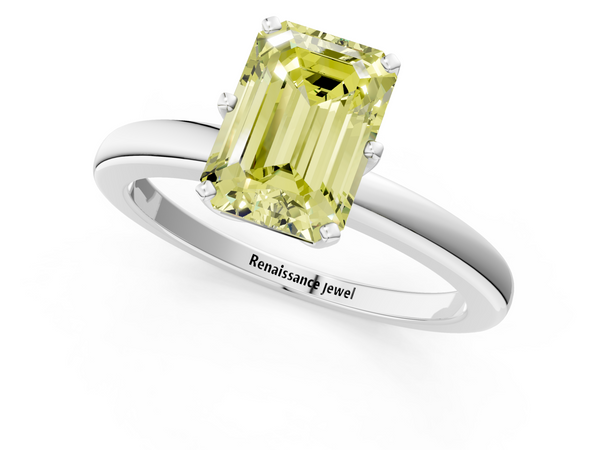 Platinum Fancy Yellow Emerald  Solitaire Diamond Ring with Six-Prong Setting on a Classic Band