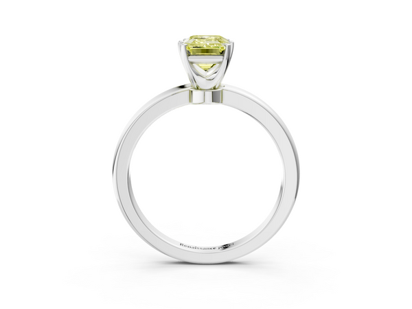 Platinum Fancy Yellow Emerald  Solitaire Diamond Ring with Six-Prong Setting on a Classic Band