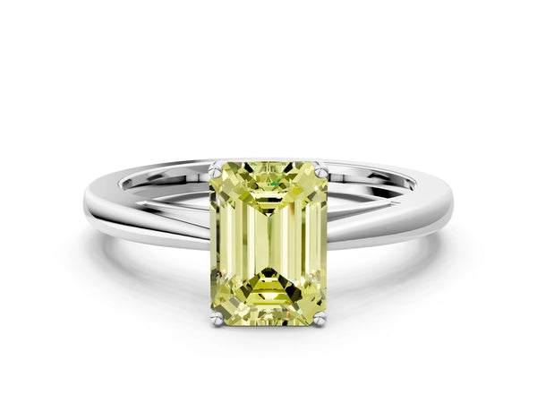 White gold Fancy Yellow Emerald  Solitaire Diamond Ring with Split Shank and Four-Prong Setting