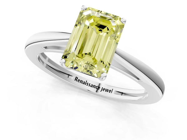 White gold Fancy Yellow Emerald  Solitaire Diamond Ring with Split Shank and Four-Prong Setting
