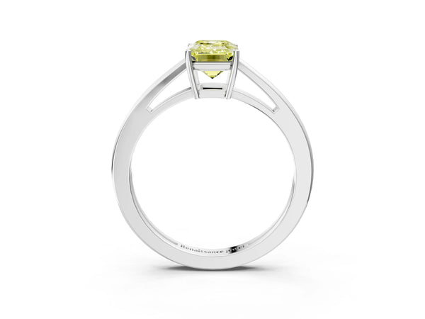 White gold Fancy Yellow Emerald  Solitaire Diamond Ring with Split Shank and Four-Prong Setting