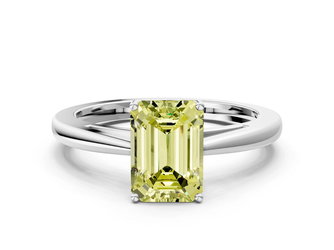 White gold Fancy Yellow Emerald  Solitaire Diamond Ring with Split Shank and Four-Prong Setting_24