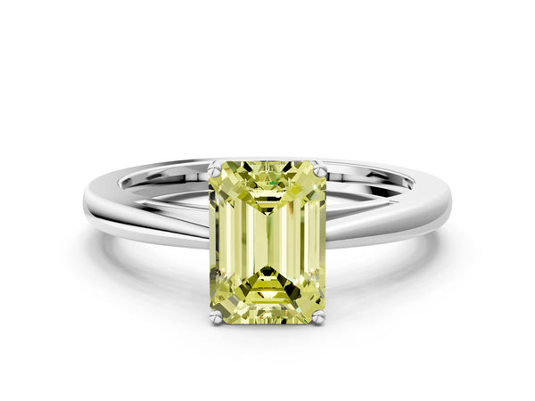 White gold Fancy Yellow Emerald  Solitaire Diamond Ring with Split Shank and Four-Prong Setting