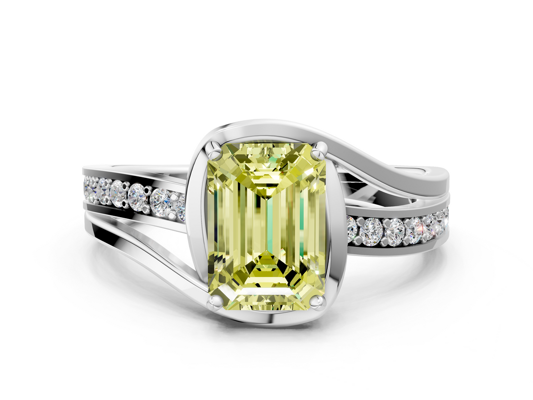 White gold Fancy Yellow Emerald  Solitaire Diamond Ring with Split Shank and Prong Setting_41