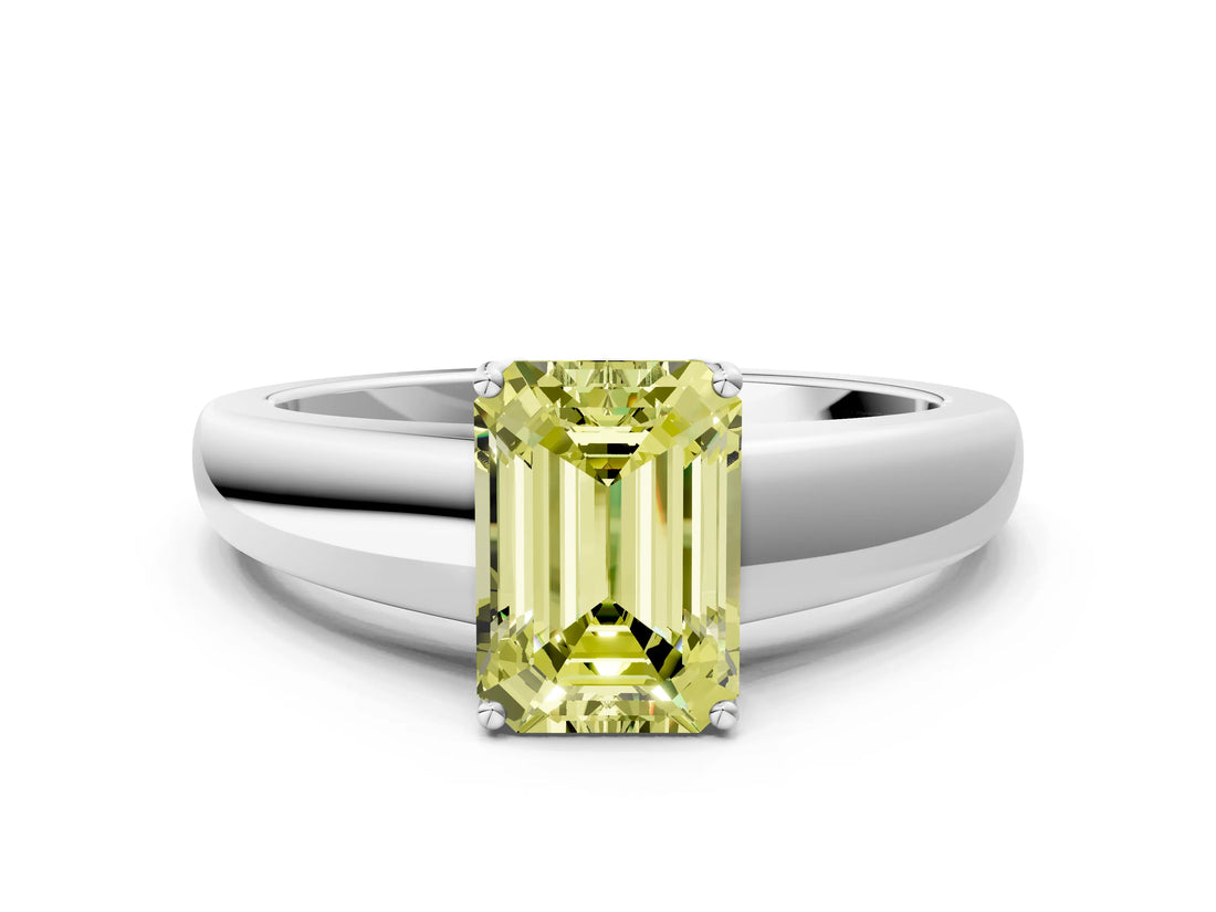 White gold Fancy Yellow Emerald  Solitaire Diamond Ring with Tapered Band and Four-Prong Setting_49