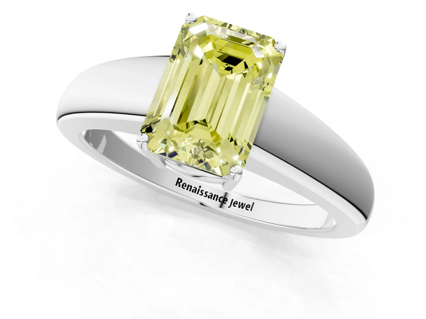 Platinum Fancy Yellow Emerald  Solitaire Diamond Ring with Tapered Band and Four-Prong Setting
