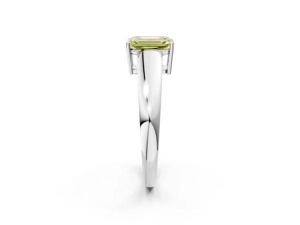 Platinum Fancy Yellow Emerald  Solitaire Diamond Ring with Tapered Band and Four-Prong Setting