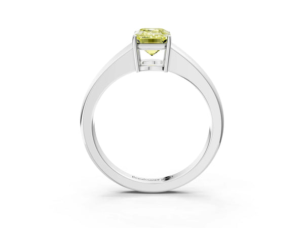 Platinum Fancy Yellow Emerald  Solitaire Diamond Ring with Tapered Band and Four-Prong Setting