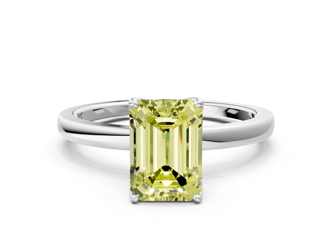 White gold Fancy Yellow Emerald  Solitaire Diamond Ring with Thin Band and Four-Prong Setting_3
