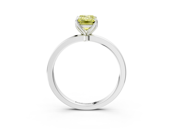 White gold Fancy Yellow Emerald  Solitaire Diamond Ring with Thin Band and Four-Prong Setting