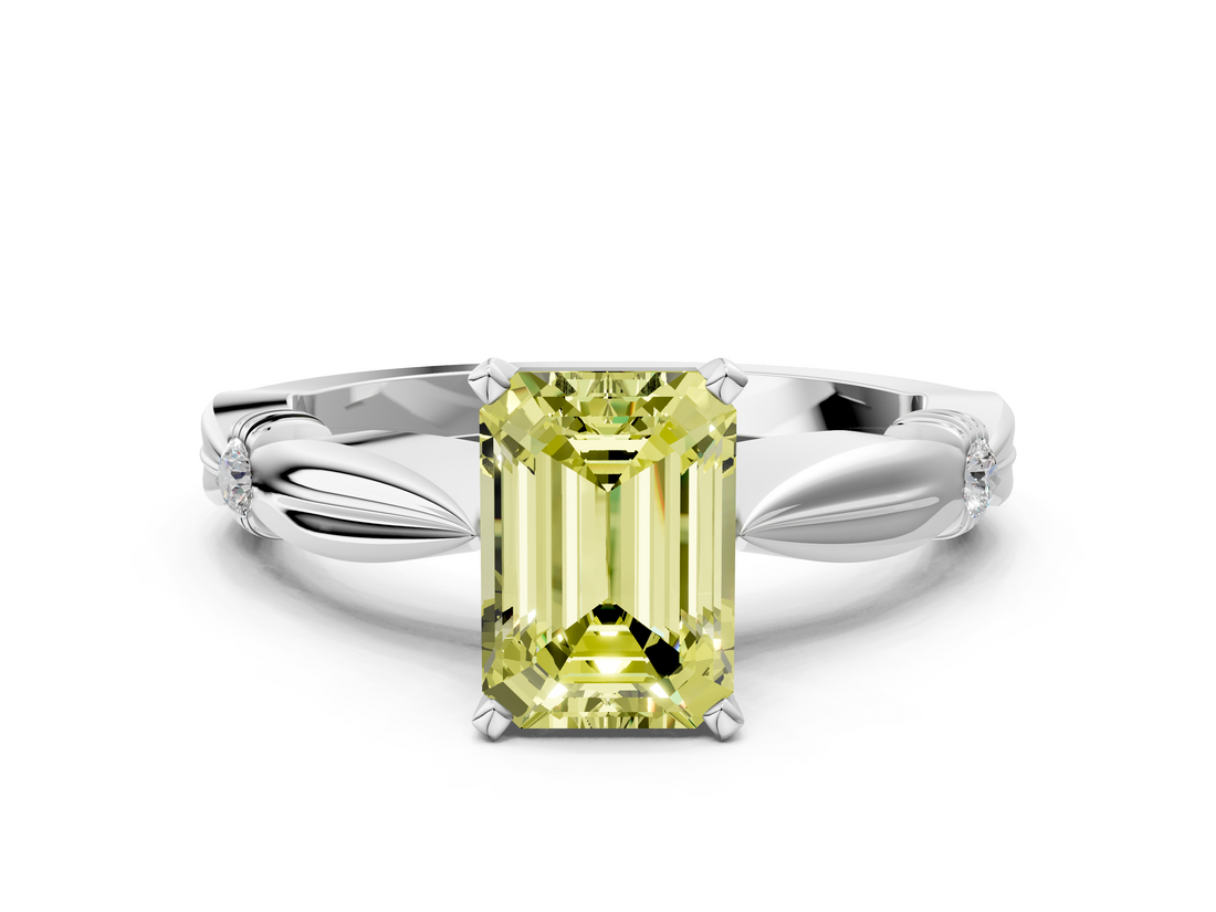 White gold Fancy Yellow Emerald  Solitaire Diamond Twisted Band with Four-Prong Setting_59