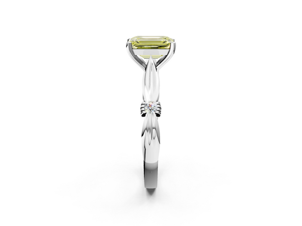 White gold Fancy Yellow Emerald  Solitaire Diamond Twisted Band with Four-Prong Setting