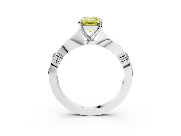 White gold Fancy Yellow Emerald  Solitaire Diamond Twisted Band with Four-Prong Setting
