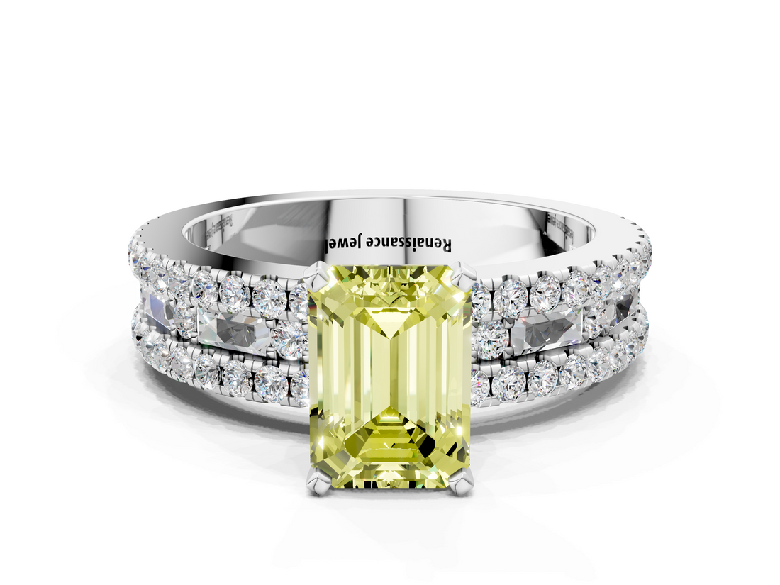White gold Fancy Yellow Emerald  Solitaire Diamond with Pave and Channel Set Band_76