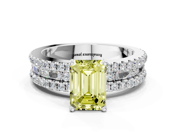 White gold Fancy Yellow Emerald Cut Diamond Solitaire Ring with Pavé and Channel Set Band
