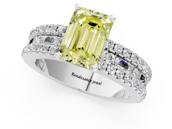 White gold Fancy Yellow Emerald Cut Diamond Solitaire Ring with Pavé and Channel Set Band