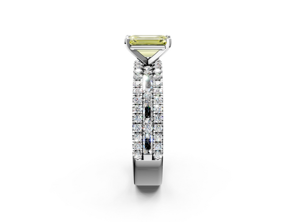 White gold Fancy Yellow Emerald Cut Diamond Solitaire Ring with Pavé and Channel Set Band
