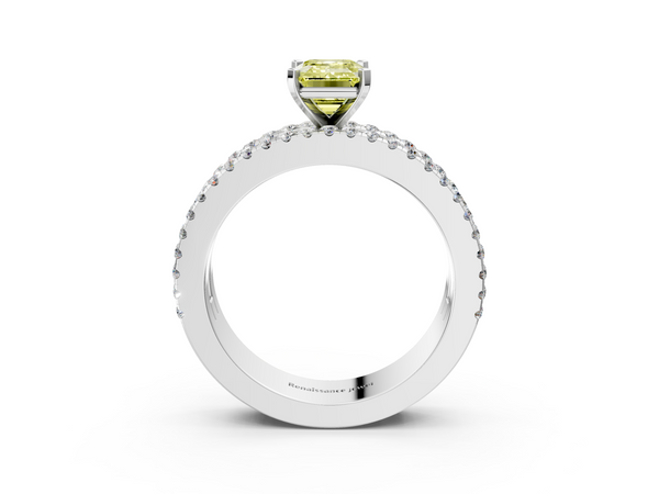 White gold Fancy Yellow Emerald Cut Diamond Solitaire Ring with Pavé and Channel Set Band