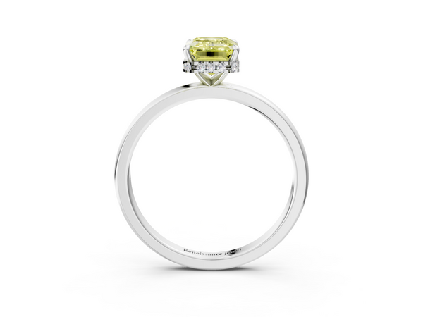 White gold Fancy Yellow Emerald  Solitaire Engagement Ring with Cathedral Band and Four-Prong Setting