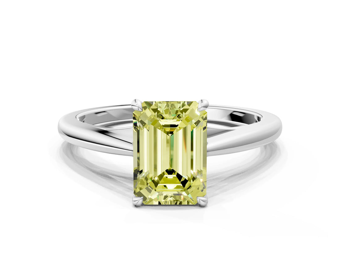 White gold Fancy Yellow Emerald  Solitaire Engagement Ring with Four-Prong Setting and Classic Band