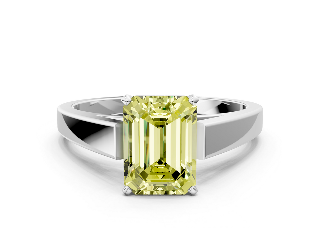 White gold Fancy Yellow Emerald  Solitaire Engagement Ring with Four-Prong Setting and Tapered Band_3