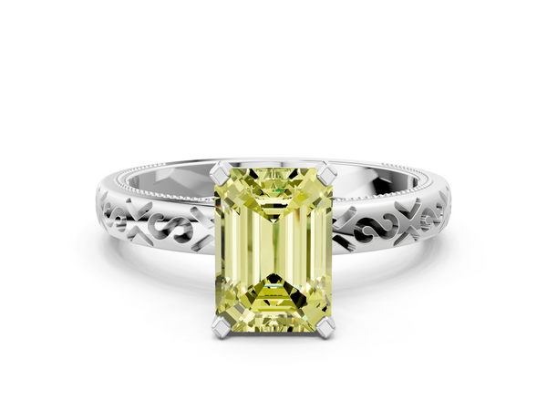 White gold Fancy Yellow Emerald  Solitaire Engagement Ring with Scrollwork Band and Four-Prong Setting