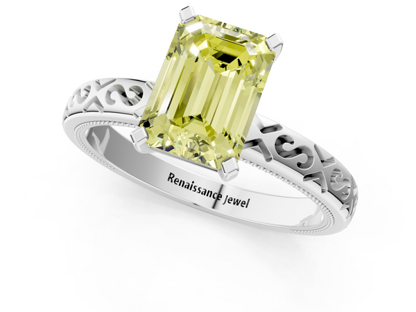 White gold Fancy Yellow Emerald  Solitaire Engagement Ring with Scrollwork Band and Four-Prong Setting