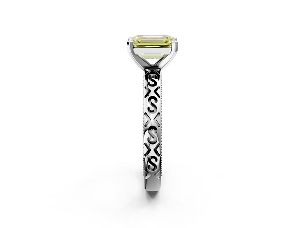 White gold Fancy Yellow Emerald  Solitaire Engagement Ring with Scrollwork Band and Four-Prong Setting