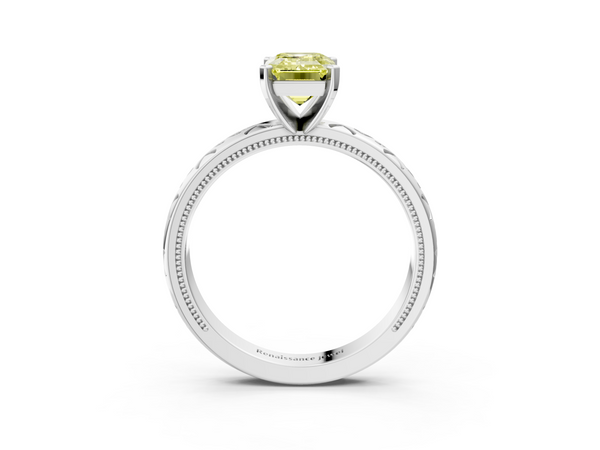 White gold Fancy Yellow Emerald  Solitaire Engagement Ring with Scrollwork Band and Four-Prong Setting