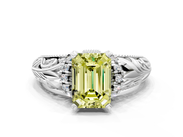 Platinum Fancy Yellow Emerald  Solitaire Filigree Engagement Ring with Halo and Prong Setting
