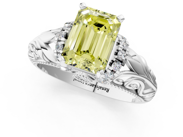 Platinum Fancy Yellow Emerald  Solitaire Filigree Engagement Ring with Halo and Prong Setting