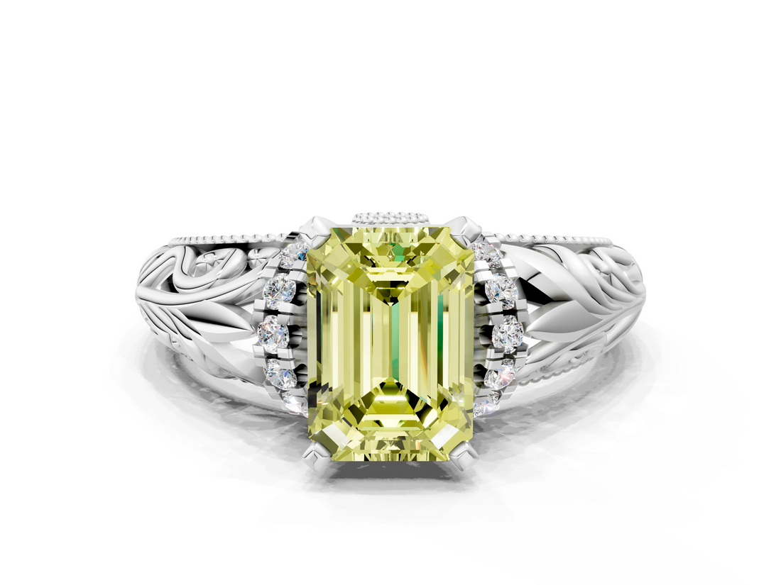 White gold Fancy Yellow Emerald  Solitaire Filigree Engagement Ring with Halo and Prong Setting_85
