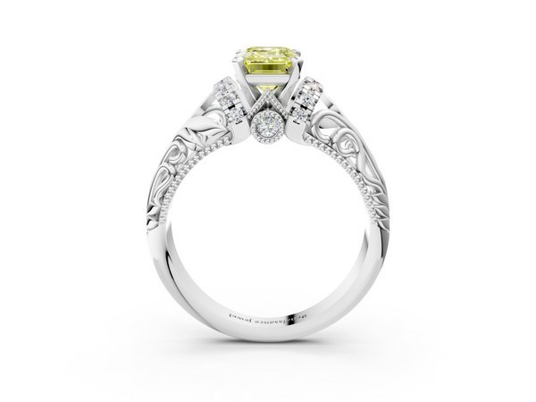 Platinum Fancy Yellow Emerald  Solitaire Filigree Engagement Ring with Halo and Prong Setting