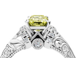 White gold Fancy Yellow Emerald  Solitaire Filigree Engagement Ring with Halo and Prong Setting_89