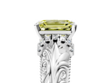White gold Fancy Yellow Emerald  Solitaire Filigree Engagement Ring with Halo and Prong Setting_91