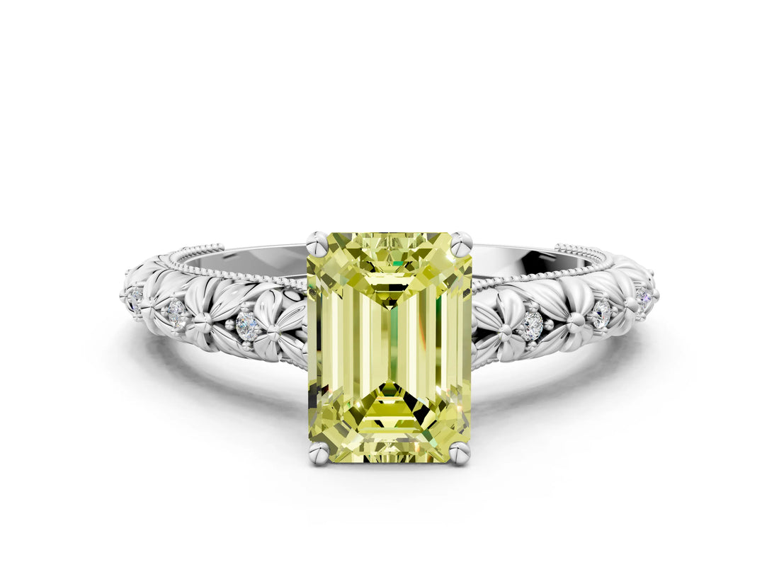 White gold Fancy Yellow Emerald  Solitaire Floral Milgrain Engagement Ring_32