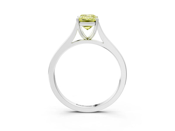 Platinum Fancy Yellow Emerald  Solitaire Heart Prong Engagement Ring with Tapered Band