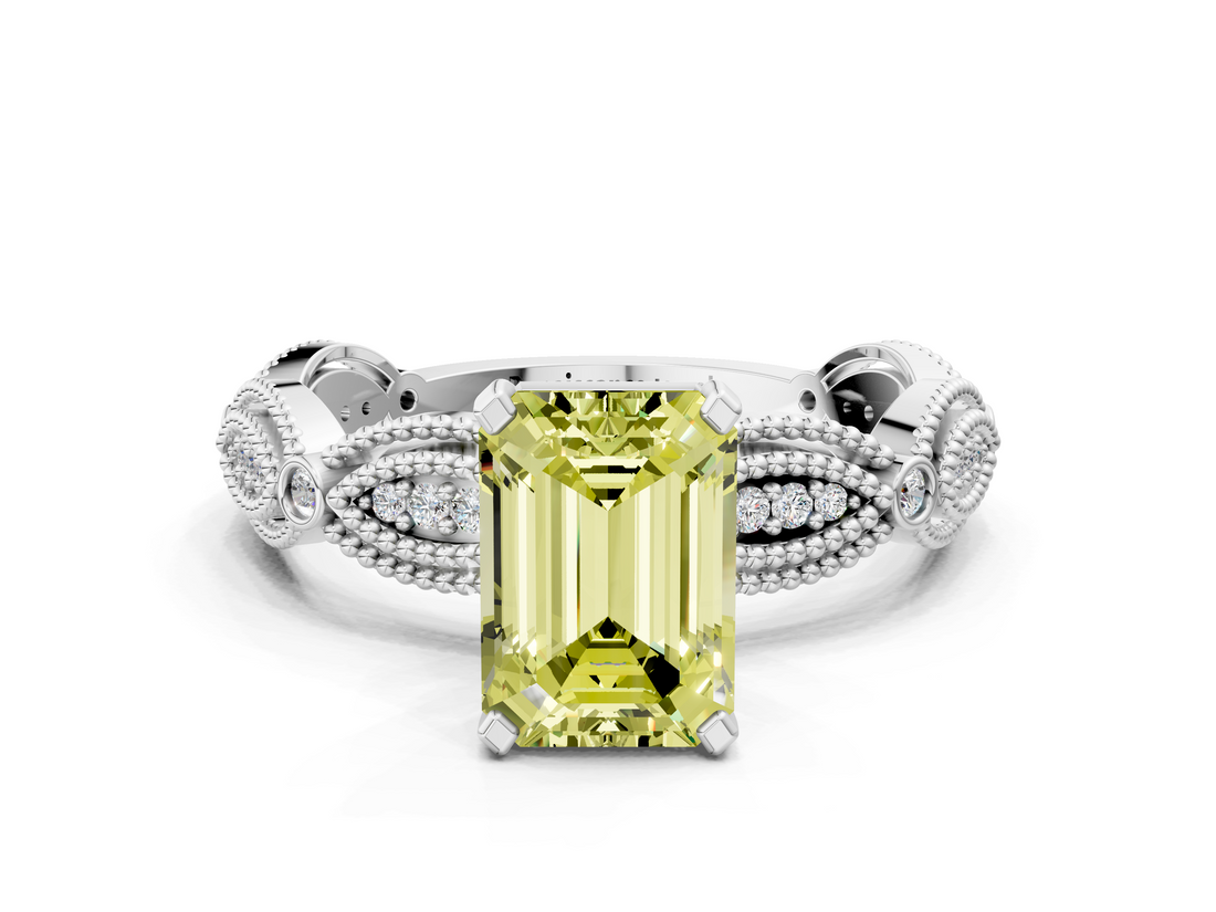 White gold Fancy Yellow Emerald  Solitaire Milgrain Diamond Engagement Ring with Bezel and Marquise Band_71
