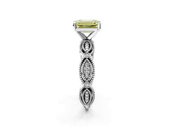 White gold Fancy Yellow Emerald  Solitaire Milgrain Diamond Engagement Ring with Bezel and Marquise Band