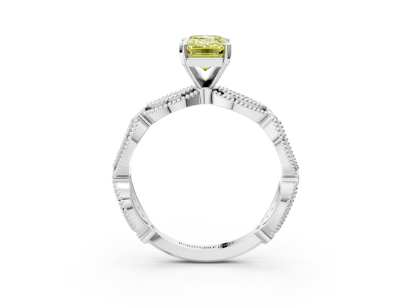 White gold Fancy Yellow Emerald  Solitaire Milgrain Diamond Engagement Ring with Bezel and Marquise Band