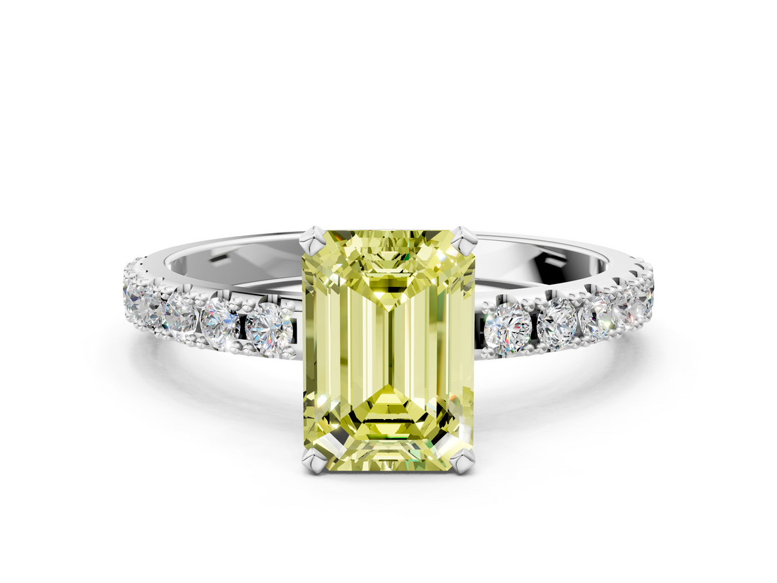 White gold Fancy Yellow Emerald  Solitaire Pavé Band with Four-Prong Setting_144
