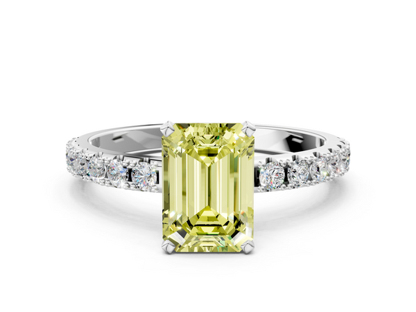 White gold Fancy Yellow Emerald Cut Diamond Solitaire Pavé Band with Four-Prong Setting