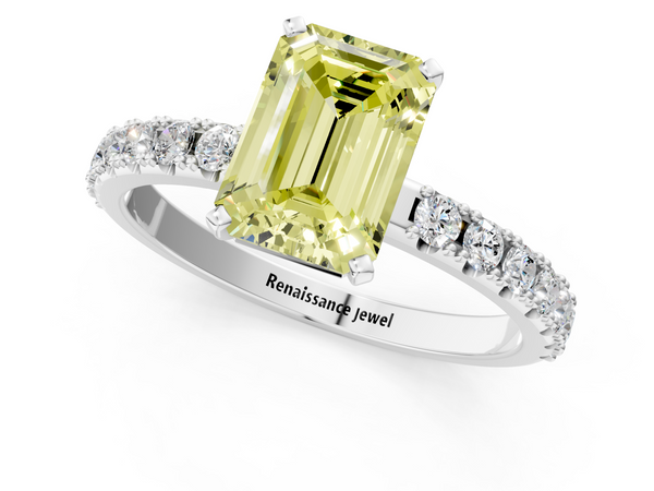 White gold Fancy Yellow Emerald Cut Diamond Solitaire Pavé Band with Four-Prong Setting