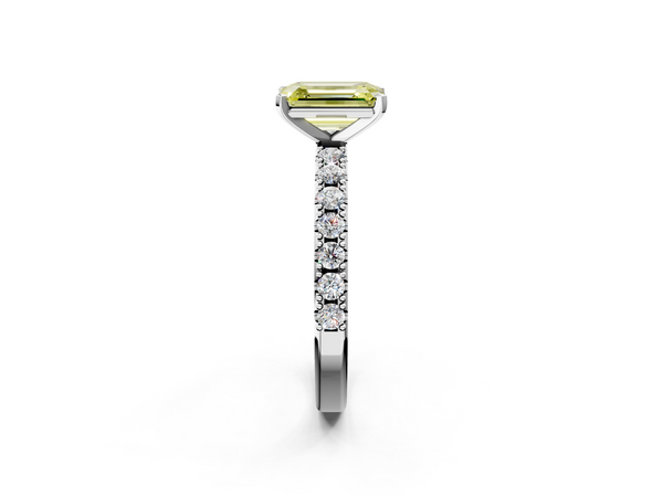 White gold Fancy Yellow Emerald Cut Diamond Solitaire Pavé Band with Four-Prong Setting