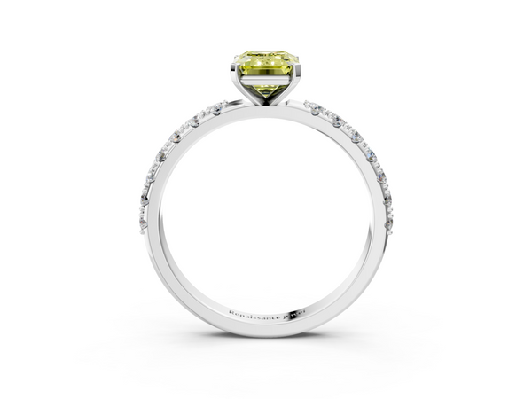 White gold Fancy Yellow Emerald Cut Diamond Solitaire Pavé Band with Four-Prong Setting