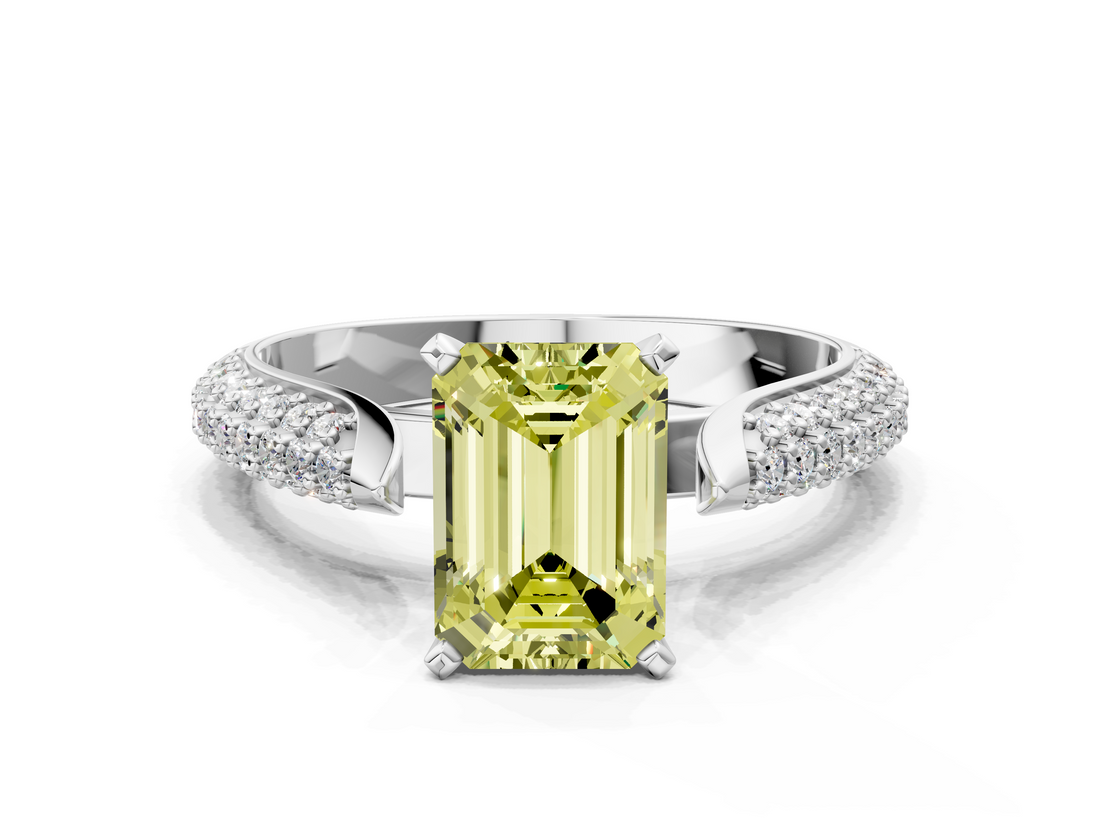 White gold Fancy Yellow Emerald  Solitaire Pavé Diamond Engagement Ring with Four-Prong Setting_197