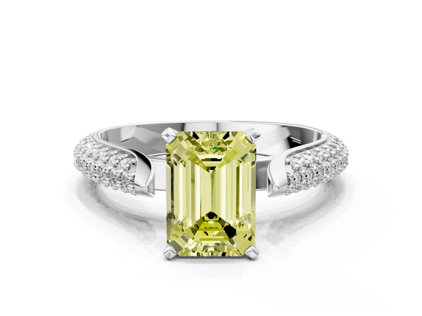 Platinum Fancy Yellow Emerald  Diamond Solitaire Engagement Ring with Pavé Band and Four-Prong Setting