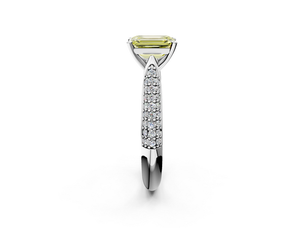 Platinum Fancy Yellow Emerald  Diamond Solitaire Engagement Ring with Pavé Band and Four-Prong Setting