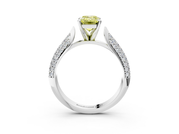 Platinum Fancy Yellow Emerald  Diamond Solitaire Engagement Ring with Pavé Band and Four-Prong Setting