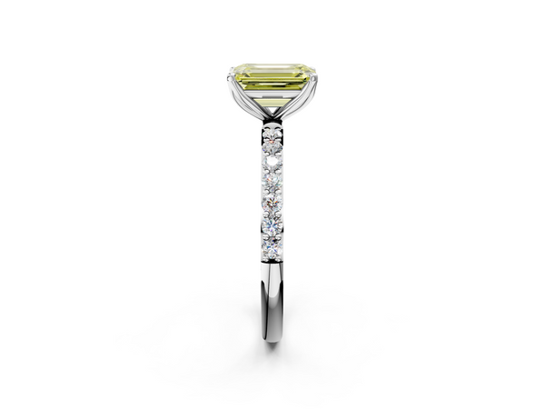 White gold Fancy Yellow Emerald Cut Diamond Solitaire Engagement Ring with Round  Pavé Band and Prong Setting